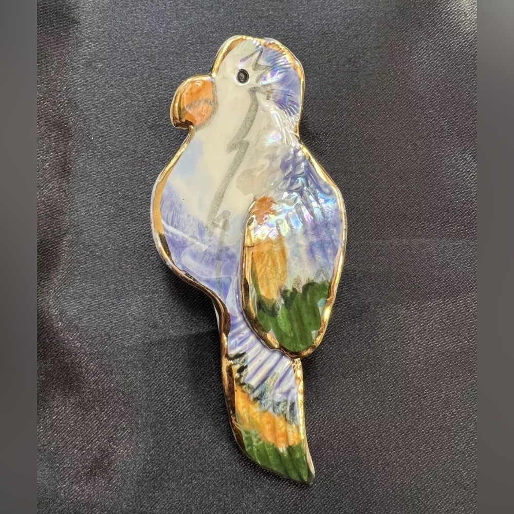 Hand Crafted Ceramic Bird Brooch Parrot Gold Iridescent Gloss Finish Exotic Bird